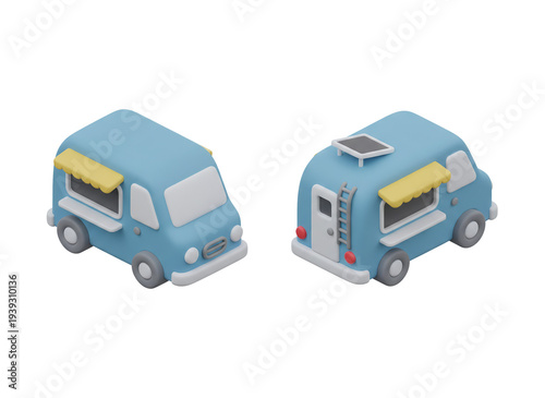 Isometric 3D Blue Food Truck Icons with Yellow Awning Isolated on White Background