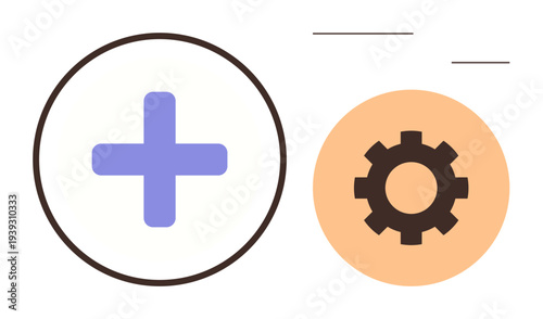 Healthcare, system design, medical services, technical operations, health management, innovation. Blue cross within a circle and orange gear icon. Healthcare and system design concept