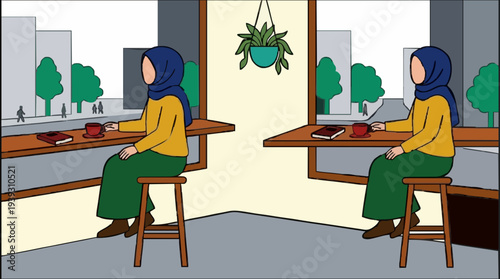 Two Muslim Women in Hijab Enjoying Coffee at Cafe Tables with Cityscape Background Outdoor View