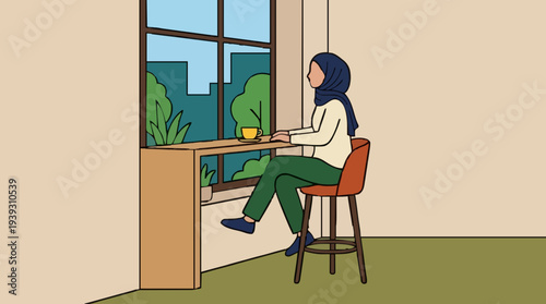 Woman in Hijab Sitting at Counter by Window Enjoying Coffee with City View and Greenery Outside