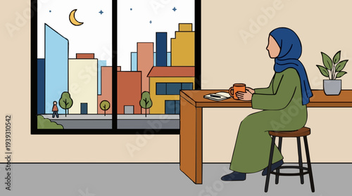 Woman Wearing Green Abaya and Blue Hijab Sitting at a Counter with Coffee and Looking Out Window at Cityscape at Dusk