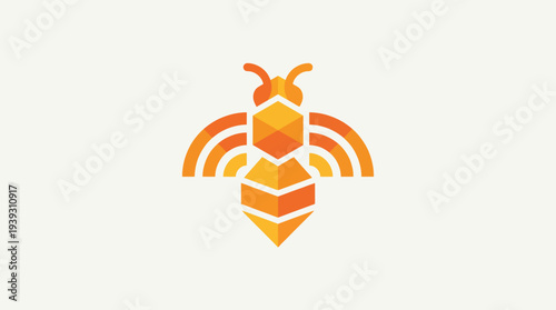 A vibrant and creative logo resembling a bee, crafted with warm colors and geometric patterns, symbolizing biodiversity, hard work, and the beauty of nature.