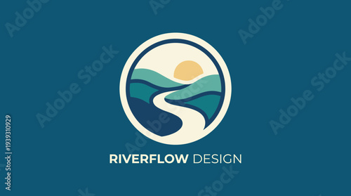 A calming logo featuring a river landscape with a setting sun, representing tranquility and the beauty of nature, ideal for design and environmental businesses.