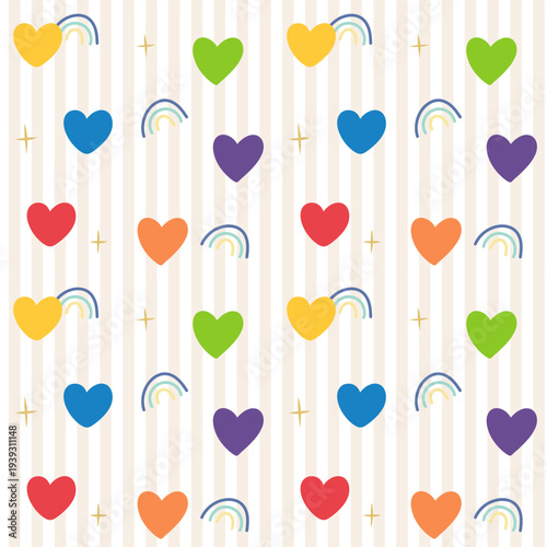 Seamless pattern with colorful hearts, rainbow and stripes.Pride month background.Colorful vector wallpaper for fabric, paper and prints.
