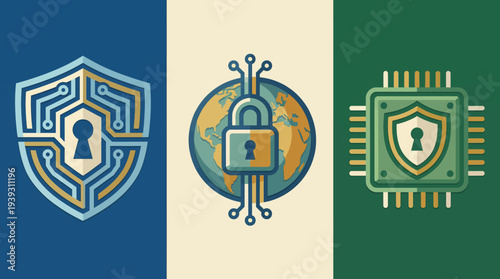 This image features three distinct elements depicting cybersecurity, showcasing a shield motif, globe, and circuits, emphasizing the importance of security in the digital age.