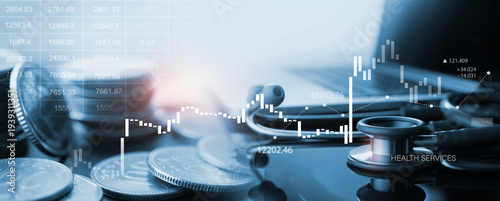 Healthcare business graph and data of Medical business growth on laptop. Medical business report on global network. Health service business growth