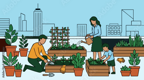 Diverse Family Tending Rooftop Garden Amidst Urban Skyline and City Buildings Growing Vegetables and Plants in Raised Beds with Watering Can and Gardening Tools