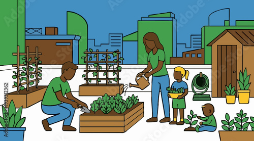 Diverse Family Tending Rooftop Garden with Cityscape Background Urban Agriculture Community Gardening Activity
