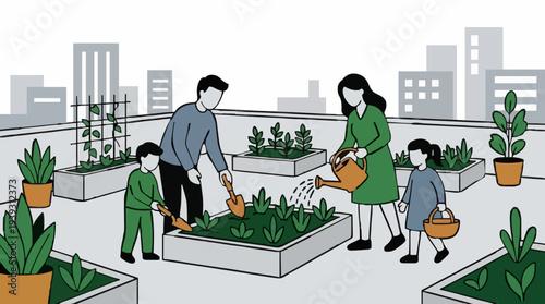 Family Tending Rooftop Garden Cityscape Background With Buildings And Plants In Planters Creating A Green Urban Oasis