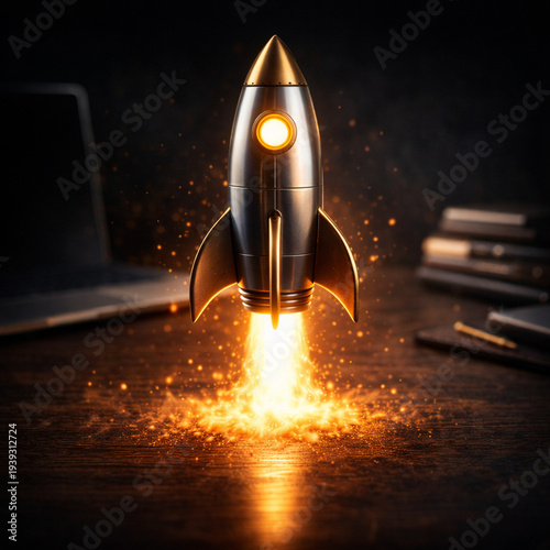 Tapety artystyczne 暗いデスクから飛び立つ光るロケット、スタートアップと新規事業のイメージ、正方形イラスト