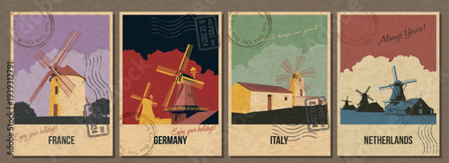 France, Germany, Italy Netherlands Attractions Postcard Set, Ancient Traditional Windmills Landmark Illustrations, Vector Templates Retro Style Greeting Cards. Postal Imprints, Aged Paper Texture