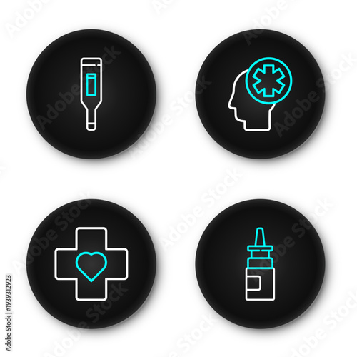 Set line Bottle nasal spray, Heart with cross, Male head hospital and Medical digital thermometer icon. Vector
