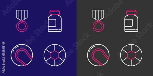 Set line Football ball, Baseball, Sports nutrition and Medal icon. Vector