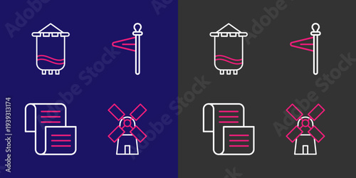 Set line Windmill, Decree, parchment, scroll, Medieval flag and icon. Vector