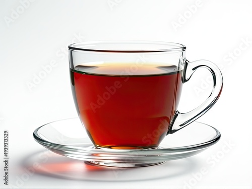 A glass cup of hot tea served on a saucer, perfect for a cozy moment