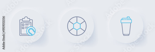 Set line Fitness shaker, Football ball and Checklist clipboard and tennis icon. Vector