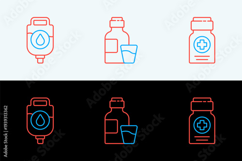 Set line Medicine bottle, IV bag and Bottle of medicine syrup icon. Vector