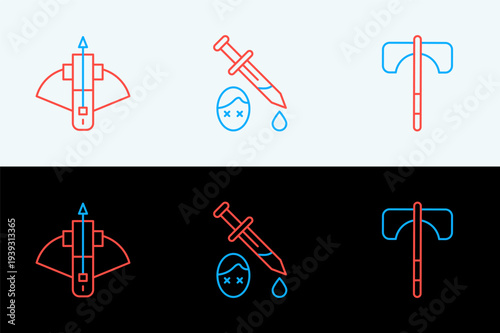 Set line Medieval axe, Battle crossbow with arrow and Sword blood icon. Vector