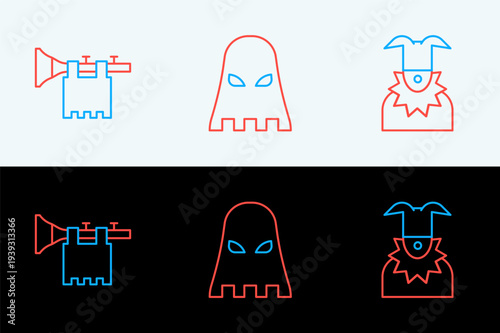 Set line Joker head, Trumpet with flag and Executioner mask icon. Vector