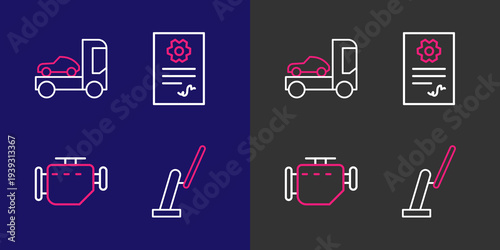 Set line Windscreen wiper, Check engine, Auto service check automotive and Car transporter truck icon. Vector