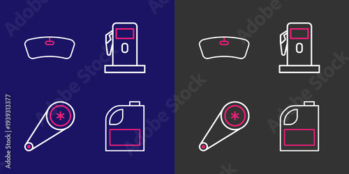 Set line Canister for motor machine oil, Timing belt kit, Petrol Gas station and Windshield icon. Vector