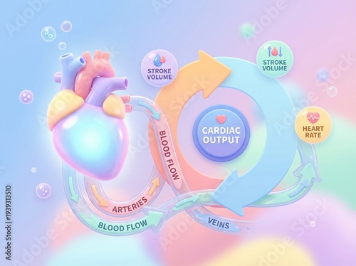 Vibrant dreamlike diagram illustrating the intricate dynamics of cardiac output, blood flow, heart rate, and stroke volume in a human heart