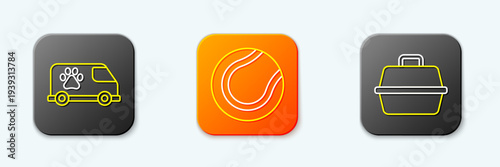 Set line Veterinary ambulance, Tennis ball and Pet carry case icon. Vector