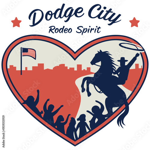 Western Rodeo Spirit Dodge City Kansas Heart Graphic with Rearing Horse