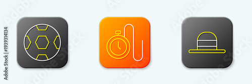 Set line Football ball, Watch with chain and Elegant women hat icon. Vector