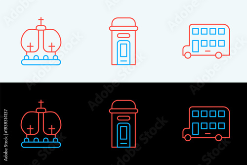 Set line Double decker bus, British crown and London phone booth icon. Vector