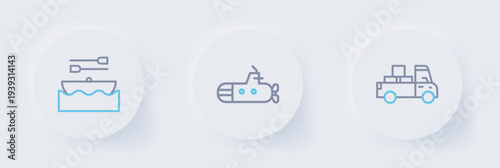 Set line Delivery truck, Submarine and Boat with oars icon. Vector