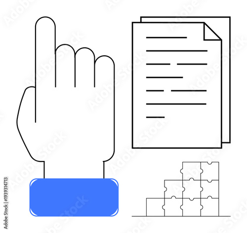 Organization concept. Hand gesture, a document, and puzzle pieces organization for tasks, teamwork, and planning. Organization improves productivity and efficiency. Ideal for business, teamwork