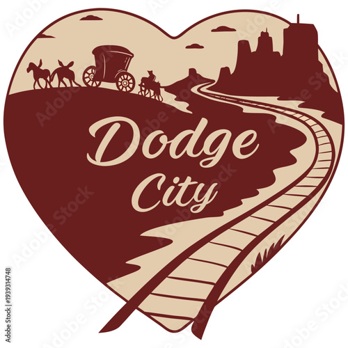 Dodge City Kansas Heart Graphic with Stagecoach and Railroad Landscape
