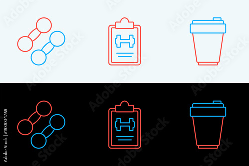 Set line Fitness shaker, Dumbbell and Sport training program icon. Vector