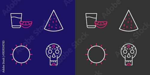 Set line Mexican skull, Sun, Nachos and Tequila glass with lemon icon. Vector