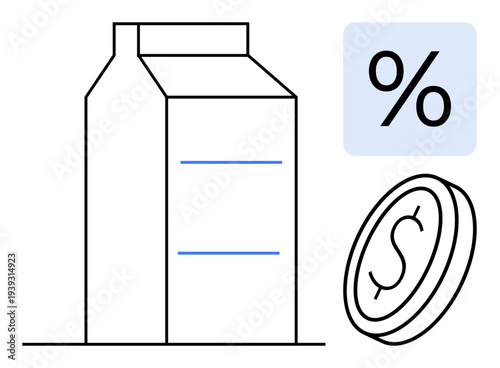 Financial impact, consumer goods, pricing analysis, dairy economics, cost evaluation, retail marketing. Milk carton, percentage icon and coin illustration. Financial impact and dairy economics