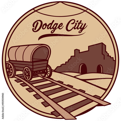 Vintage Dodge City Covered Wagon on Railroad Tracks Illustration