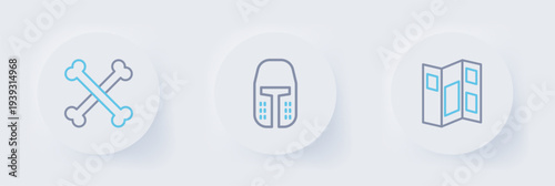 Set line Museum guide brochure, Medieval iron helmet and Crossed human bones icon. Vector