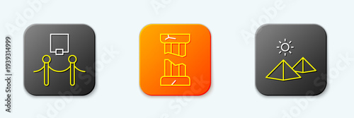 Set line Picture and rope barrier, Broken ancient column and Egypt pyramids icon. Vector
