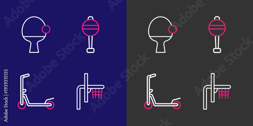Set line Basketball backboard, Scooter, Rattle baby toy and Racket and icon. Vector