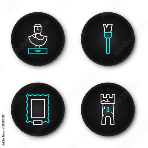 Set line Castle tower, Picture, Paint brush and Ancient bust sculpture icon. Vector