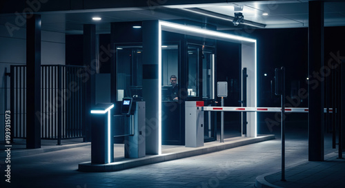 Modern illuminated security checkpoint with automated barrier gate and guard booth at night, futuristic access control entrance with surveillance technology and protected facility infrastructure