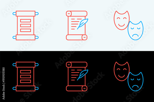 Set line Comedy and tragedy masks, Decree, parchment, scroll and icon. Vector