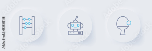 Set line Racket and ball, Robot toy and Abacus icon. Vector