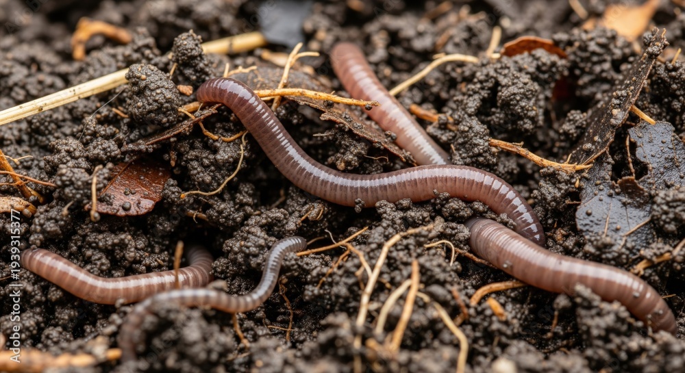 Fototapeta premium Earthworms in rich fertile soil close up representing composting organic farming ecosystem soil health biodiversity vermiculture agriculture sustainability natural fertilizer and ecological gardening 