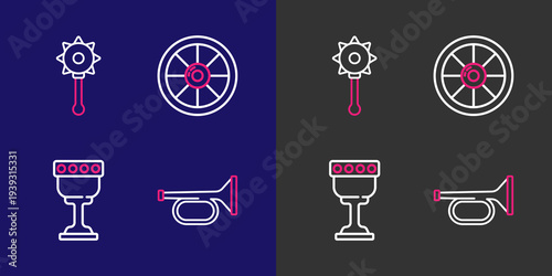 Set line Trumpet, Medieval goblet, Round wooden shield and chained mace ball icon. Vector