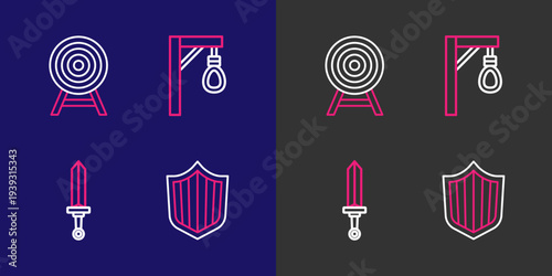 Set line Shield, Medieval sword, Gallows and Target with arrow icon. Vector