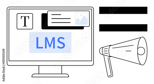 Desktop screen displaying elements thumbs up LMS text, multimedia icons, and a megaphone symbol. Ideal for e-learning, education, communication, organization, technology, workflow and content