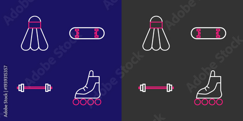 Set line Roller skate, Barbell, Skateboard trick and Badminton shuttlecock icon. Vector