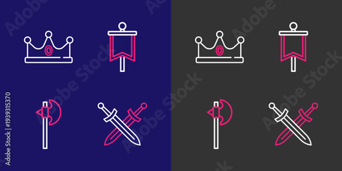 Set line Crossed medieval sword, Medieval axe, flag and King crown icon. Vector